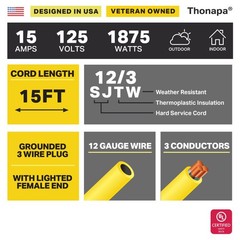 Thonapa 15 Ft Lighted Outdoor Extension Cord – 12/3 Heavy Duty, Yellow- 3 Prong