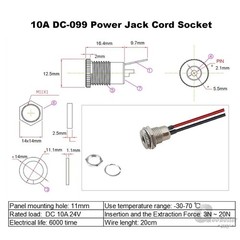DC Female Panel Mount Power Supply Jack Socket Plug Connector 2.1/2.5 With cable