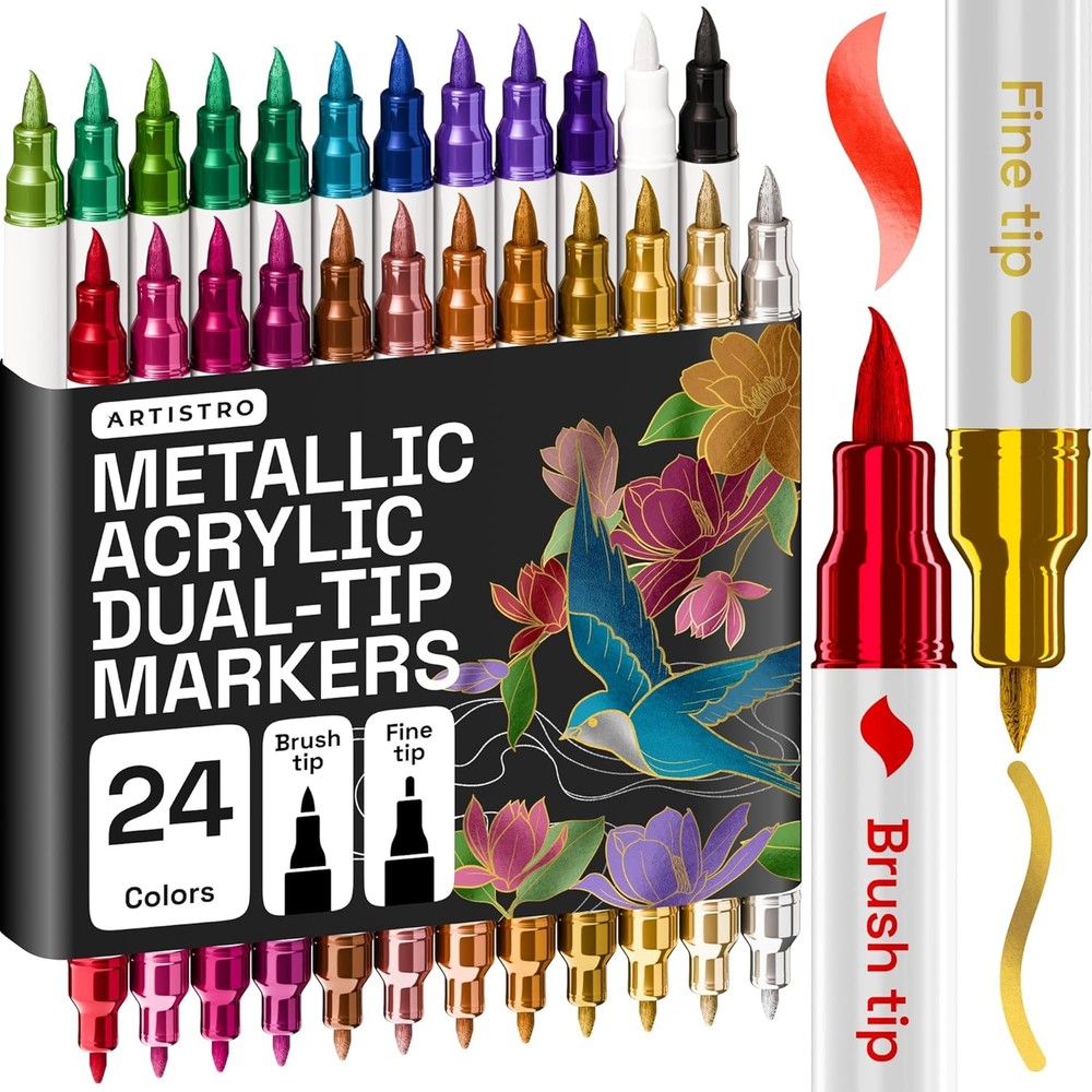 24 Metallic Acrylic Paint Markers – Paint Pens for Drawing, Brush + Fine Tips –
