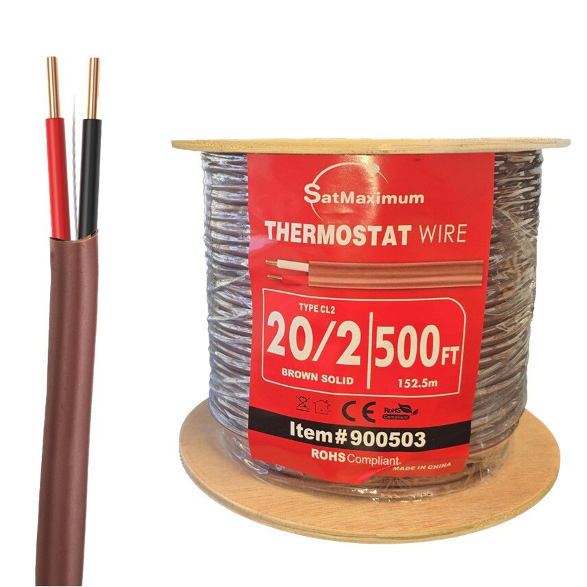 500ft Brown Alarm Cable CL2 20AWG 20/2 Solid CCA Wire Thermostat, Burglar System