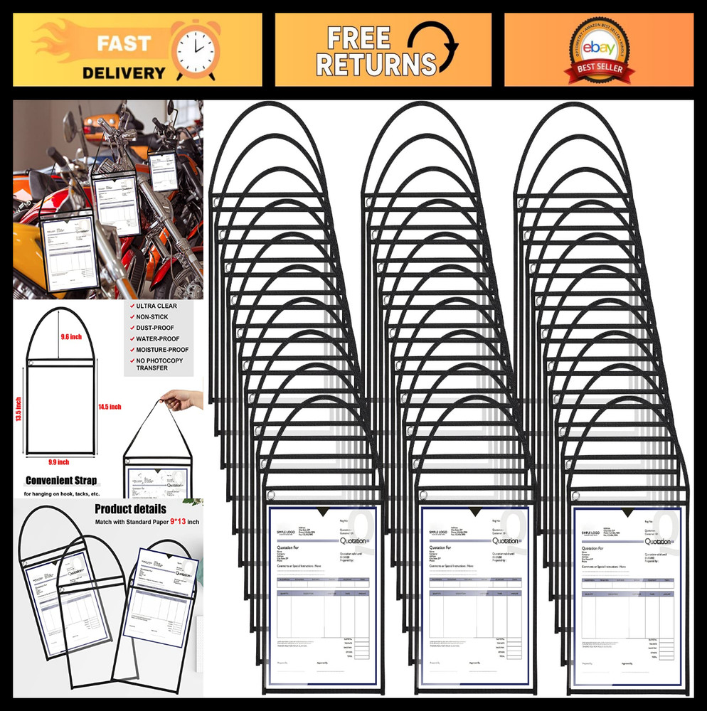 50 Pack Job Ticket Holders 9×12 Inch Clear Plastic Work Order Pockets with Strap