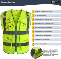 9 Pockets Class 2 High Visibility Zipper Front Safety Vest