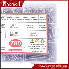 Findmall 780 PCS Pan Head Sheet Metal Screws Assortment Kit #4#6#8#10 Stainless