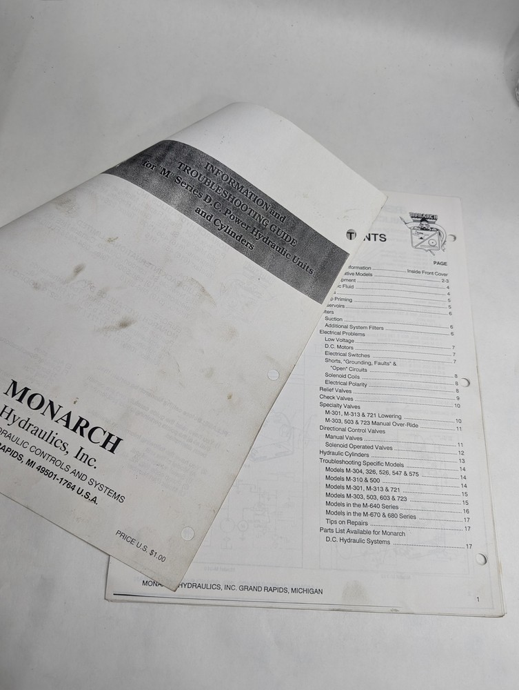 MONARCH HYDRAULICS TROUBLESHOOTING GUIDE SERVICE MANUAL M SERIES DC POWER UNITS