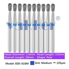 10pc Vakker Dental FG Diamond Burs Pear Burs for High Speed 830-016M Medium Grit