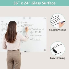 36 x 24 Inches Glass Whiteboard w/Eraser, Removable Tray, 2 Markers, 4 Magnets