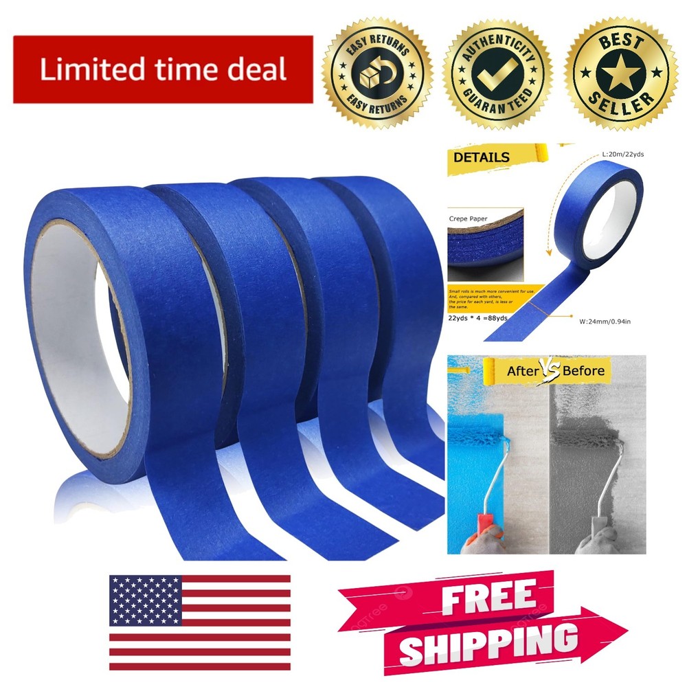 4 Rolls Blue Painters Tape – No Residue, 0.94in x 22yd for Perfect Edges