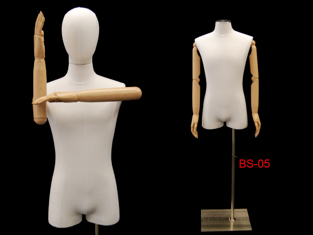 Adult Male White Linen Torso Mannequin Form with Flexible Arms and Head