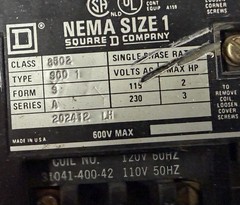 Square D 8502SC01 Magnetic Contactor Series A NEMA Size 1 110/120V Coil w/ Relay