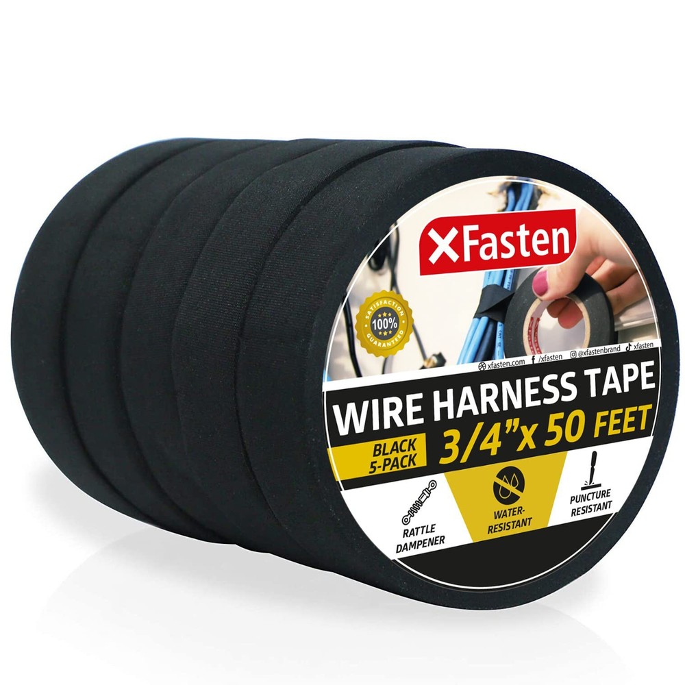 XFasten Wire Harness Tape, 3/4-Inch by 50-Foot (5-Pack), High Temp Wiring Loo…