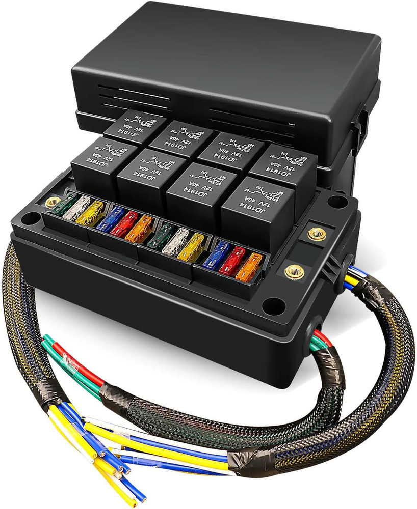 Pre-Wired Fuse Relay Box Waterproof, 8 5-Pin JD1914 Relay Slots and 12 ATC ATO F