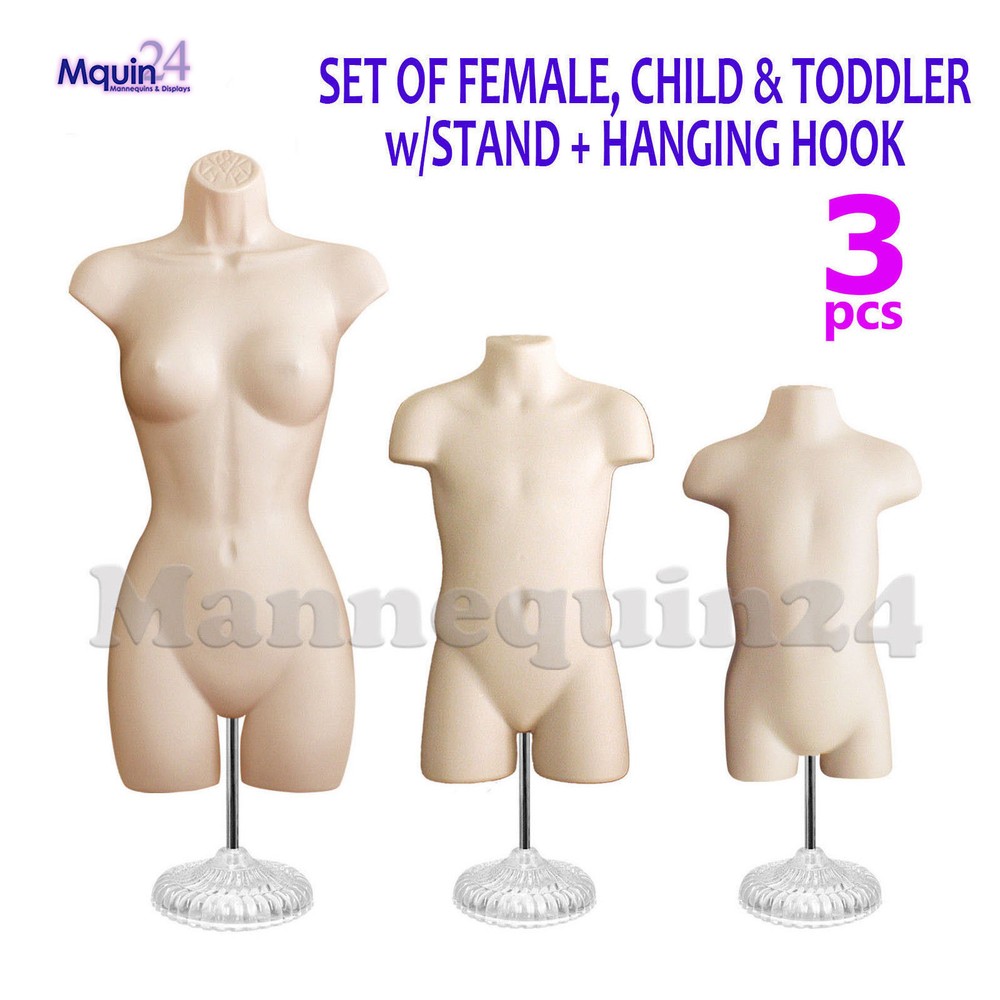 FEMALE CHILD TODDLER TORSO MANNEQUIN SET in FLESH + 3 STANDS + 3 HANGERS