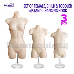 FEMALE CHILD TODDLER TORSO MANNEQUIN SET in FLESH + 3 STANDS + 3 HANGERS