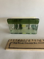 Fused Glass Dichroic Green, White, Yellow, Black Signed Business Card Holder 3″