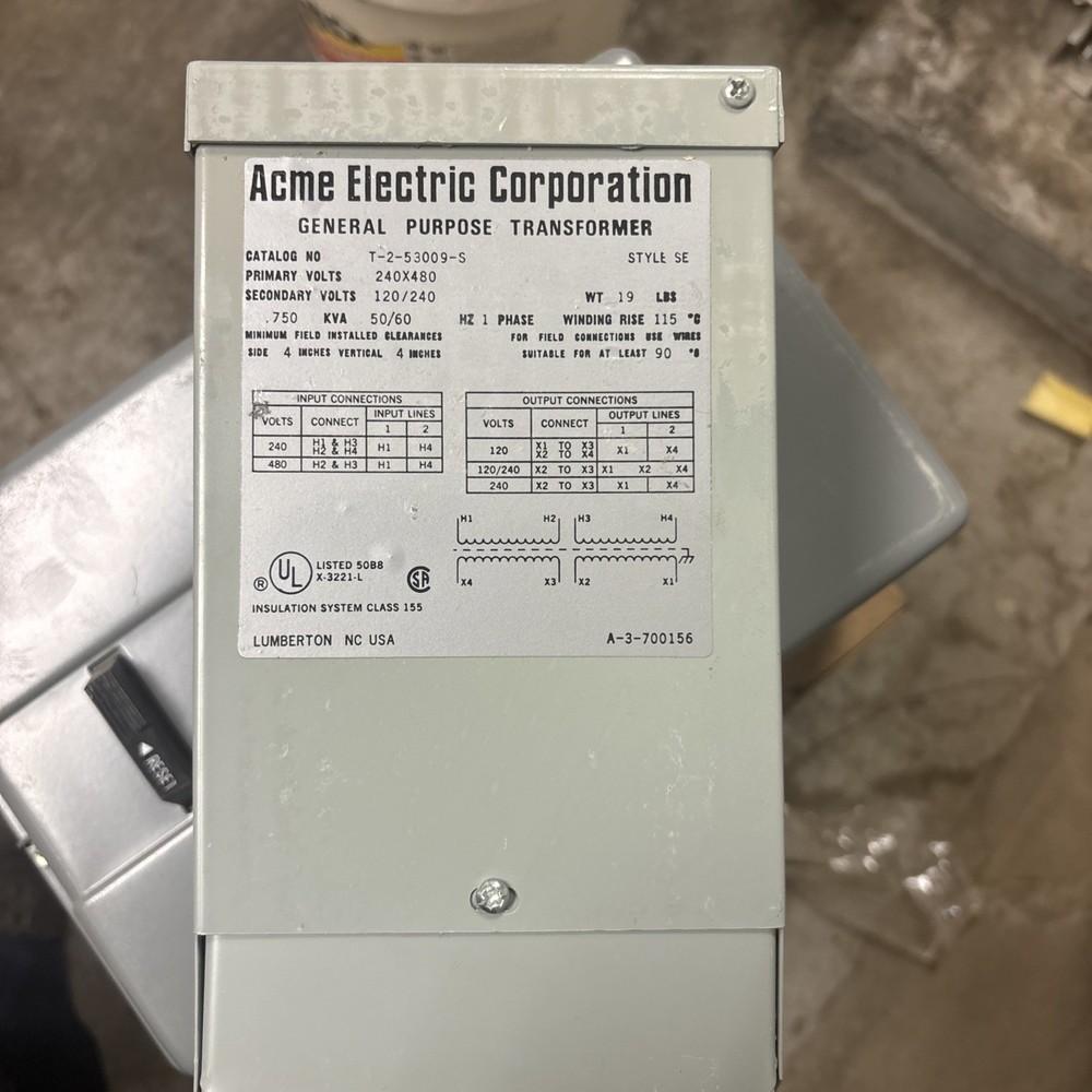 Acme Electric T253009S 3R Type Dry Transformer, Pri 240×480 Sec 120/240, 0.75kVA