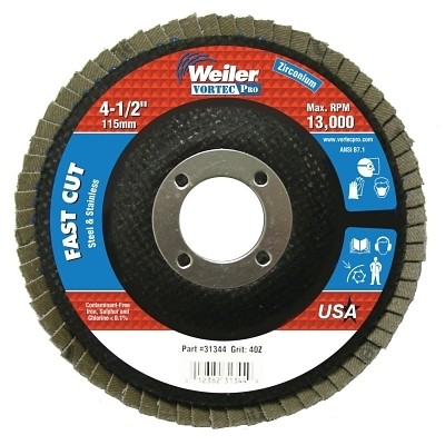 Vortec Pro Abrasive Flap Disc, 4-1/2 in dia, 40 Grit, 7/8 Arbor, 13000 rpm, Type