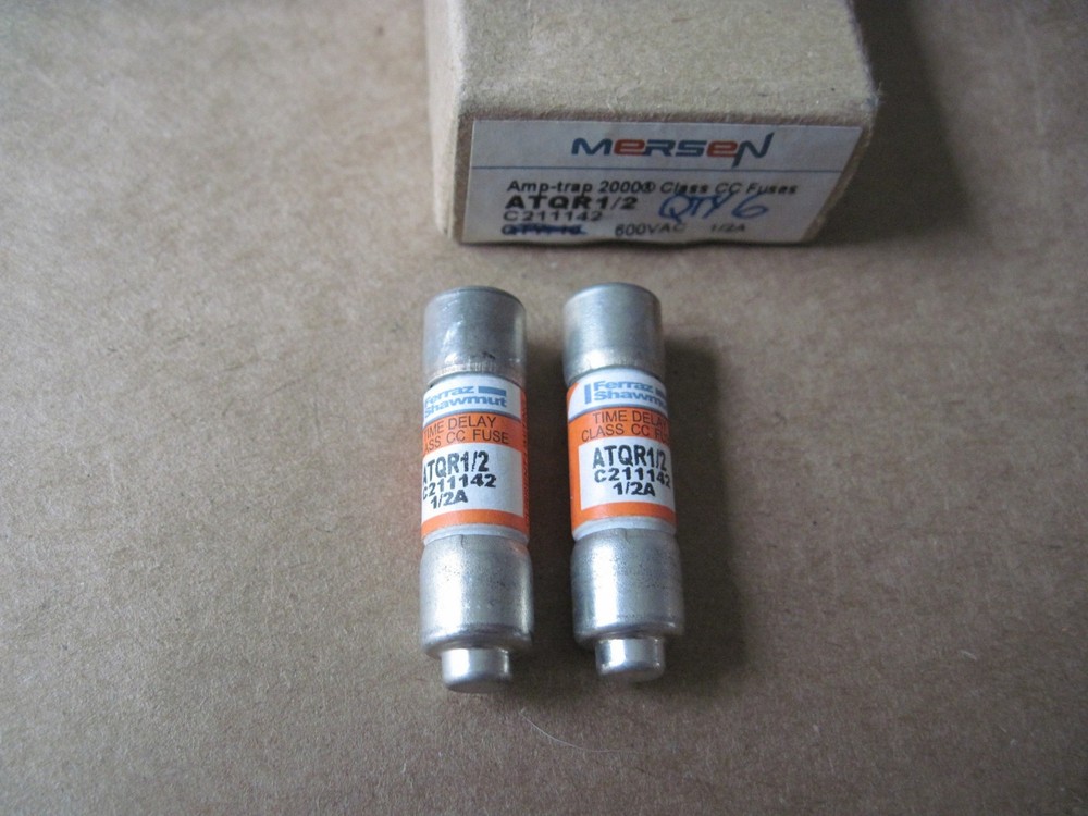 (Qty 2) Mersen ATQR1/2 Fuses, 1/2A 0.5A, Time Delay, 600V, Class CC, Amp-Trap 2K