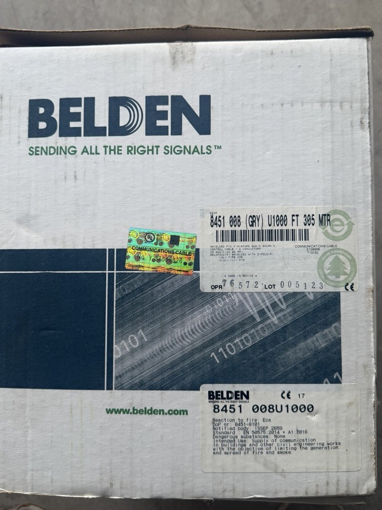 Belden Wire 8451-008 305 MTR 22AWG 2 Conductor CMR75C Cable Riser Gray 1000ft