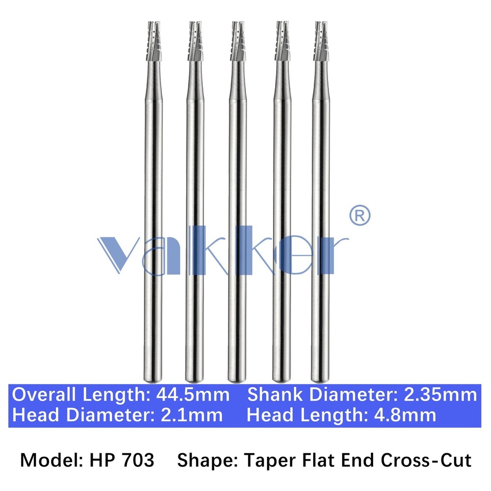 Vakker 5pc Dental HP 703 Carbide Burs Taper Flat End Cross-Cut 2.35mm Shank