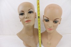 2 Vintage Fiberglass Mannequin Head Wig Painted Eyes Halloween Bust Eyelashes