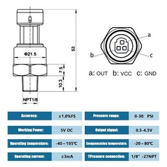 5V Fuel Pressure Transducer 100/150/200/300/500/1000/1600Psi for Oil Air Water
