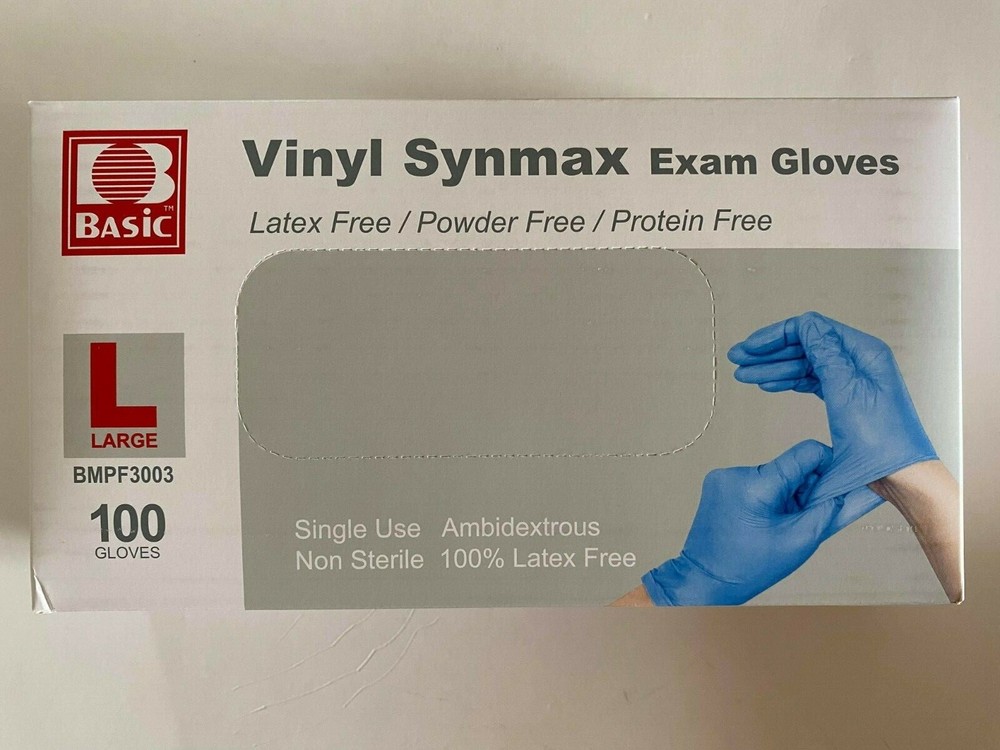 ( LOT OF 10 ) Basic Vinyl Synmax Exam Gloves ( 100 gloves each ) LARGE BMPF 3003