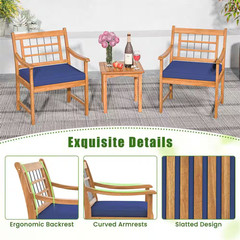 3-Piece Acacia Wood Outdoor Bistro Set with Coffee Table for Porch and Navy Cush