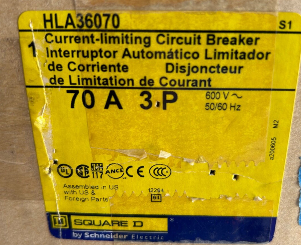 Square D HLA36070, Powerpact I-line Breaker, 70 Amp, 3 Pole 600 VAC