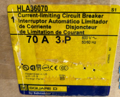 Square D HLA36070, Powerpact I-line Breaker, 70 Amp, 3 Pole 600 VAC