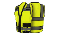 Safety green surveyor vest with tablet pocket.
