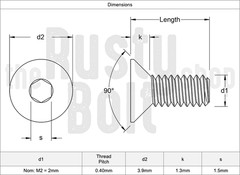 M2 x 5mm, Socket Flat Head Screws, 10.9 Steel, Black, Countersunk