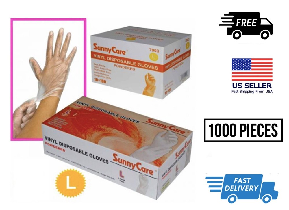 10X 100 1.000 pcs Vinyl Gloves powder free SunnyCare Size LARGE FAST SHIP