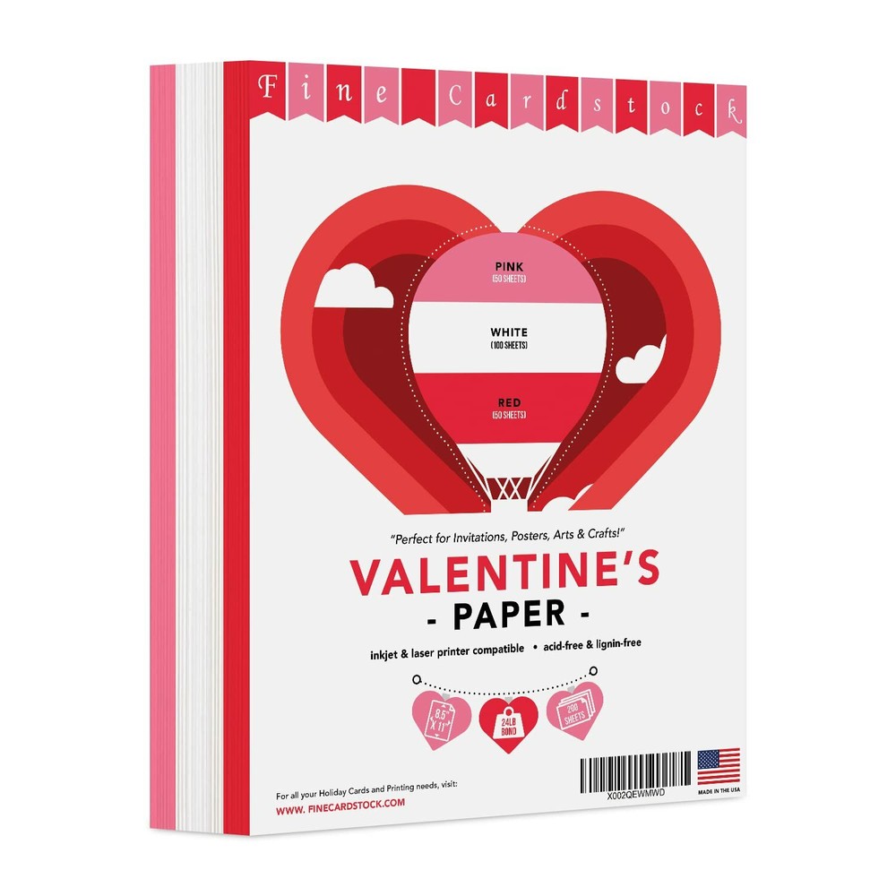 Valentine’s Colored Paper, 24lb, 8.5 x 11, Red, Pink, White (200 Sheets Total)