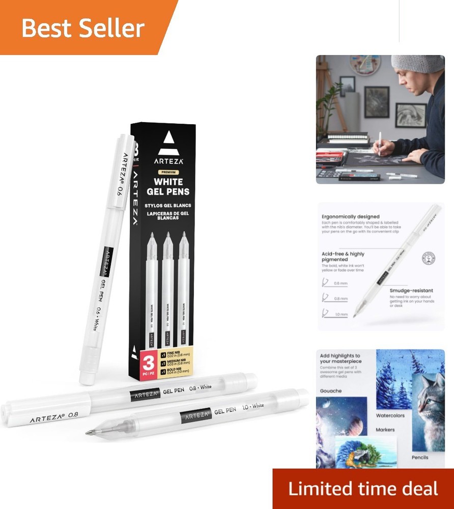 Artist-Approved 3-Pack White Gel Pens with Ergonomic Grip and Multiple Nib Sizes