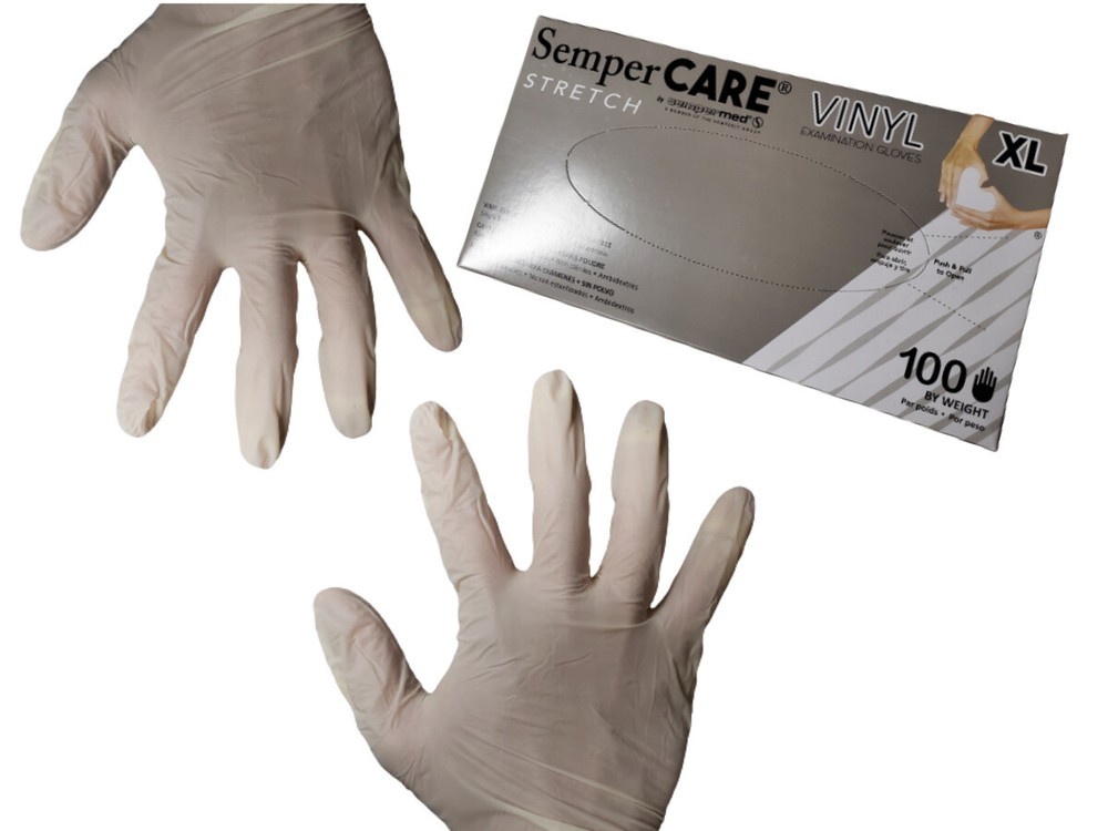 100 count Stretch White Vinyl Exam Gloves 4.7mil thick – Medium
