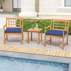3-Piece Acacia Wood Outdoor Bistro Set with Coffee Table for Porch and Navy Cush
