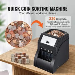 VEVOR USD Coin Sorter Coin Counter Wrapper and Roller 230 Coins/min 4 Coin Tubes