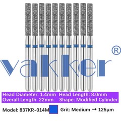 Vakker 10pc Dental Diamond Burs Shape Flat & Round End Modified Cylinder Bur