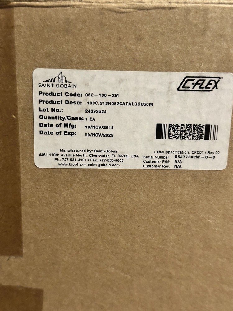 Saint-Gobain C-Flex 082-188-2M TPE Tubing 3/16 ID 5/16 OD 350ft Exp 2023