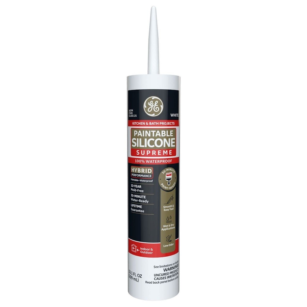 GE Supreme Paintable Silicone Caulk for Kitchen & Bathroom – 9.5 fl oz