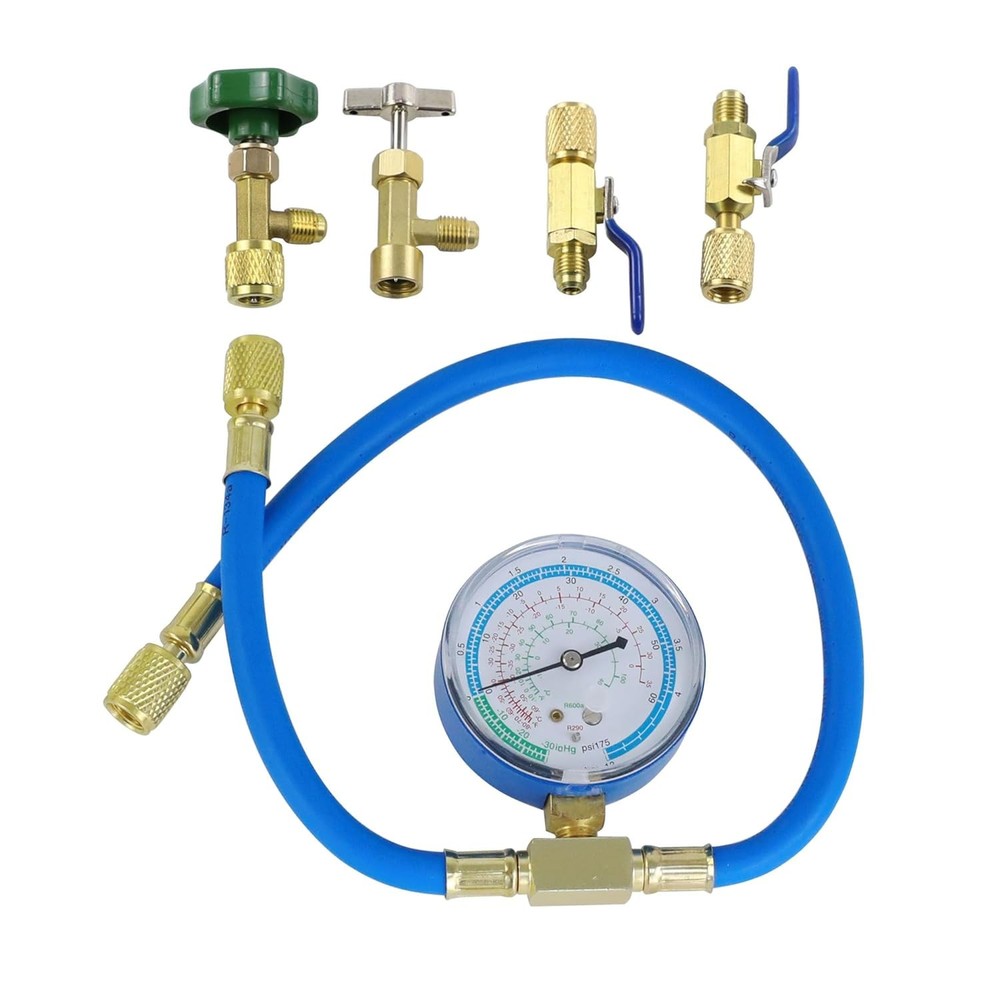 R290 and R600A Charging Hose and Gauge Set with Can Tap and Shut Off Valves