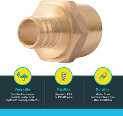 3/4 x 1 Inch Crimp MNPT Male Adapter, Brass Plumbing Fitting, PEX Pipe, Copper,