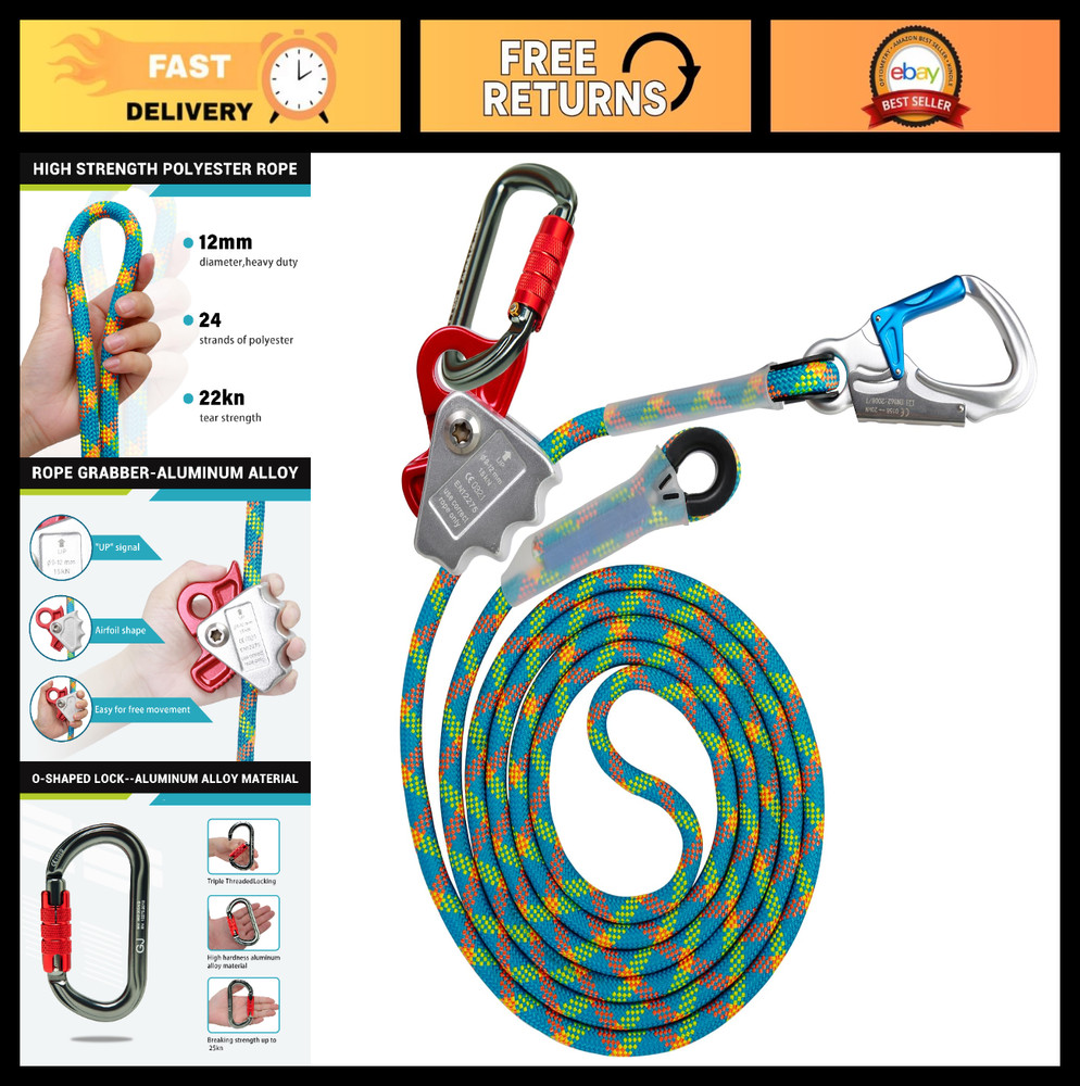 11FT Polyester Flip Line Kit – Triple Lock Carabiner, Adjustable Fall Protection