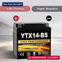 YTX14-BS 12V 14Ah AGM Sealed Motorcycle Battery, Maintenance-Free, Compatible wi