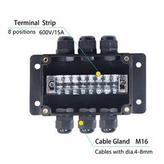 IP67 Waterproof Electrical Junction Box with 8P 15A Barrier Terminals Glands