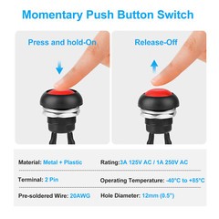 10pcs SPST 12mm Momentary Push Button Switch Waterproof 2 Pin 250V w/ Pre-Wired