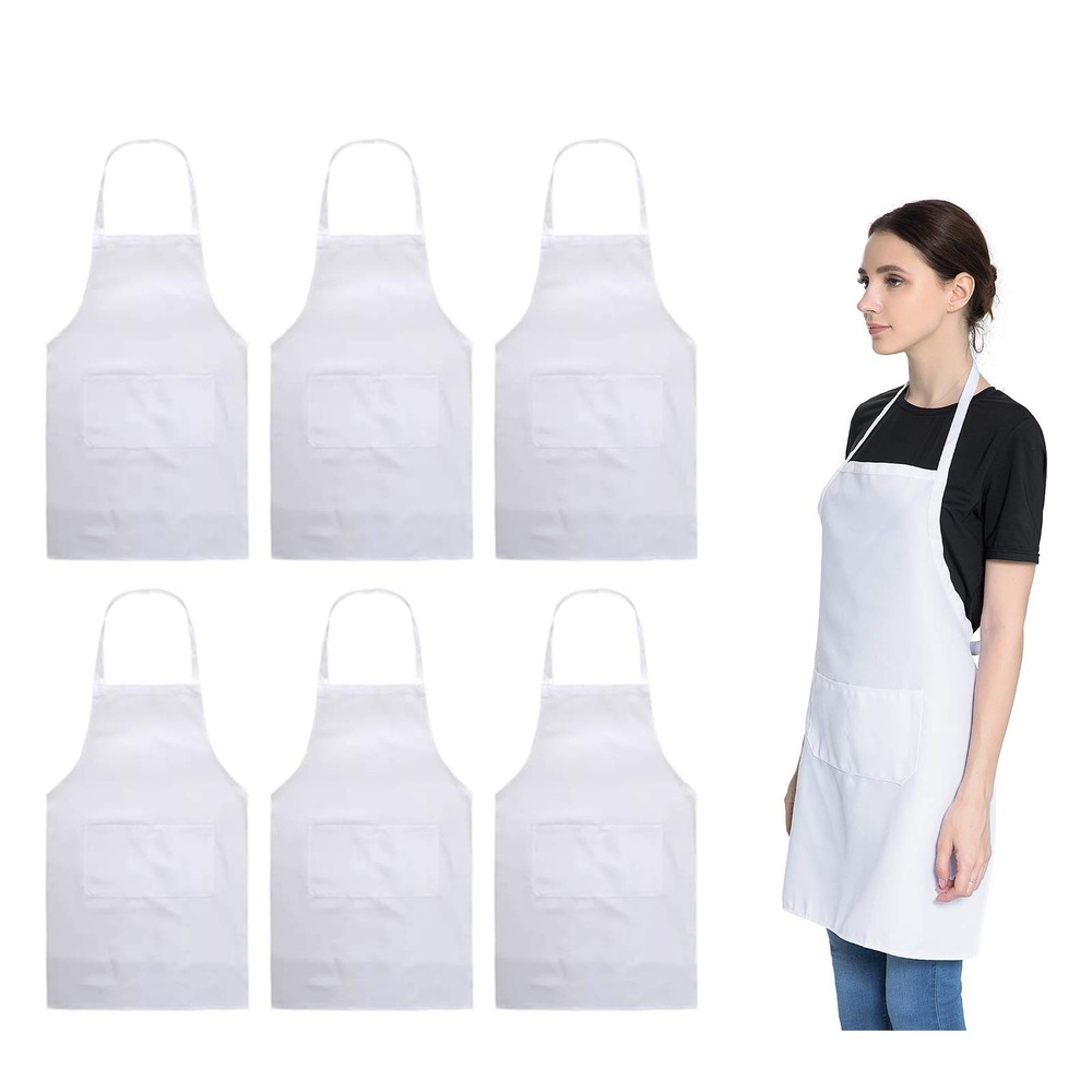 Total 6PCS White Apron for Women Adult Unisex Plain Color Bib aprons with 2 F…