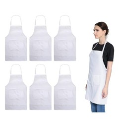 Total 6PCS White Apron for Women Adult Unisex Plain Color Bib aprons with 2 F…