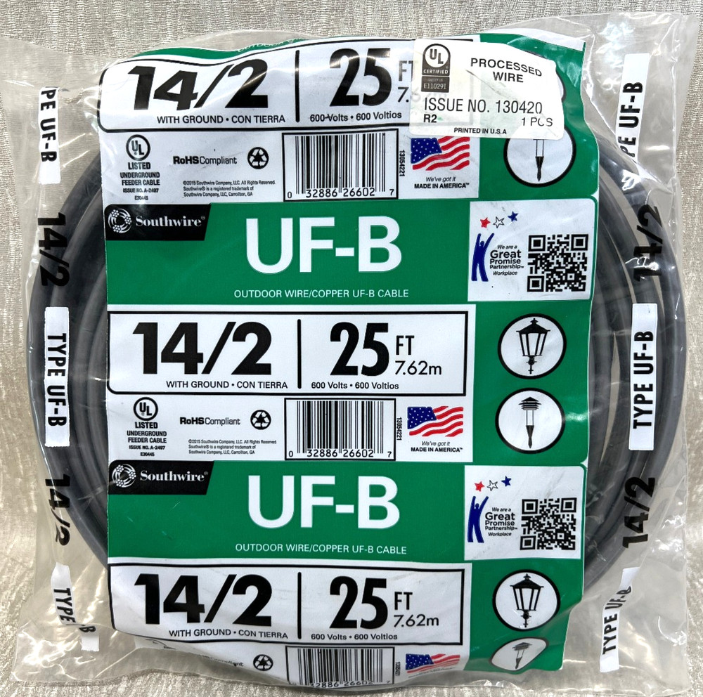 SOUTHWIRE TYPE UF-B OUTDOOR WIRE 14/2 W/GROUND-25FT-600 VOLTS-NEW