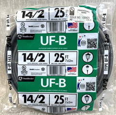 SOUTHWIRE TYPE UF-B OUTDOOR WIRE 14/2 W/GROUND-25FT-600 VOLTS-NEW